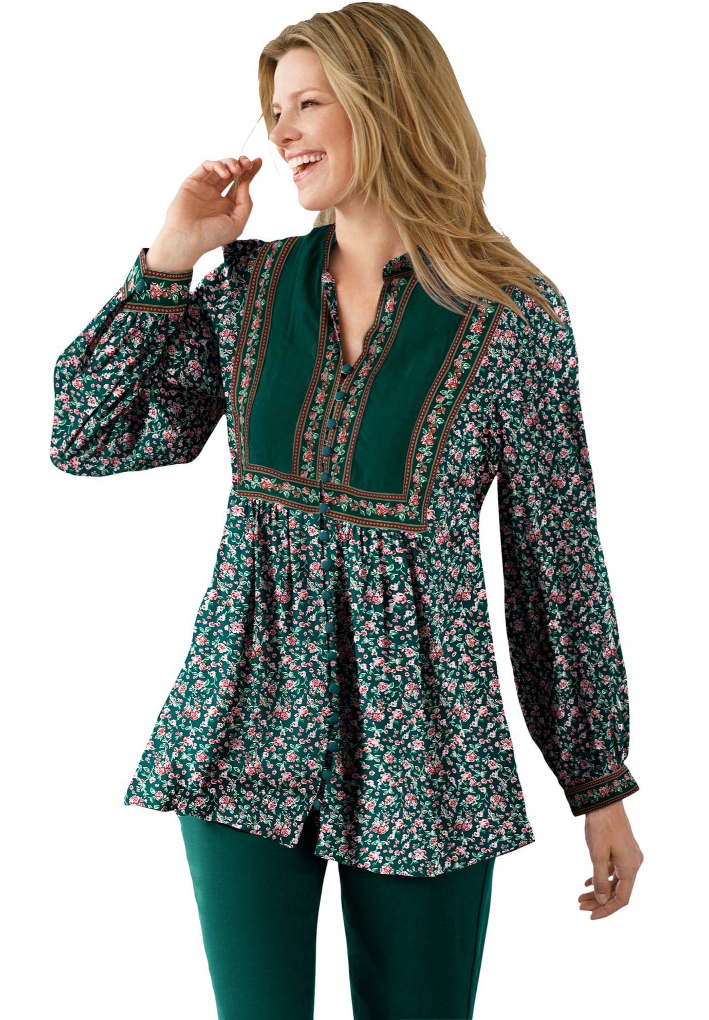 Rullesten elev At adskille Woman Within Women's Plus Size Button-Front Mixed Print Tunic - 4X, Emerald  Green Rose Garden - Walmart.com