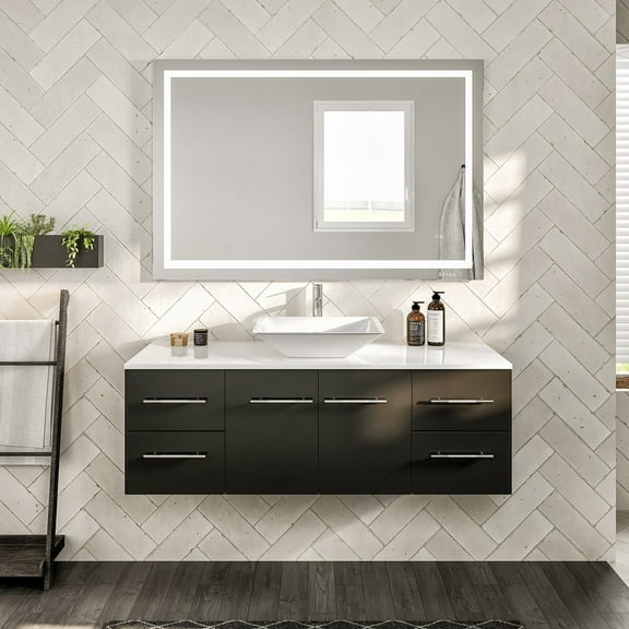 Totti Wave 48" Espresso Modern Bathroom Vanity w/ Super White Man-Made Stone Top & Sink