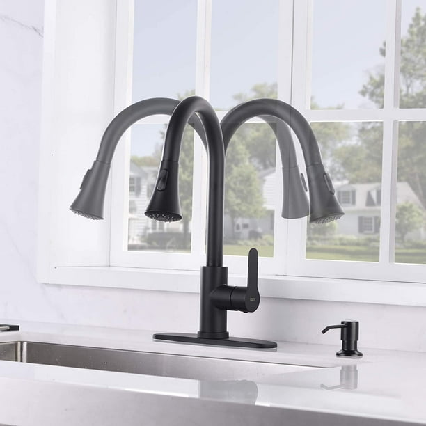 Pull Down Kitchen Faucet with Soap Dispenser Black Kitchen Sink Faucet with Spray Single Handle Kitchen Faucet Utility Sink Matte Black