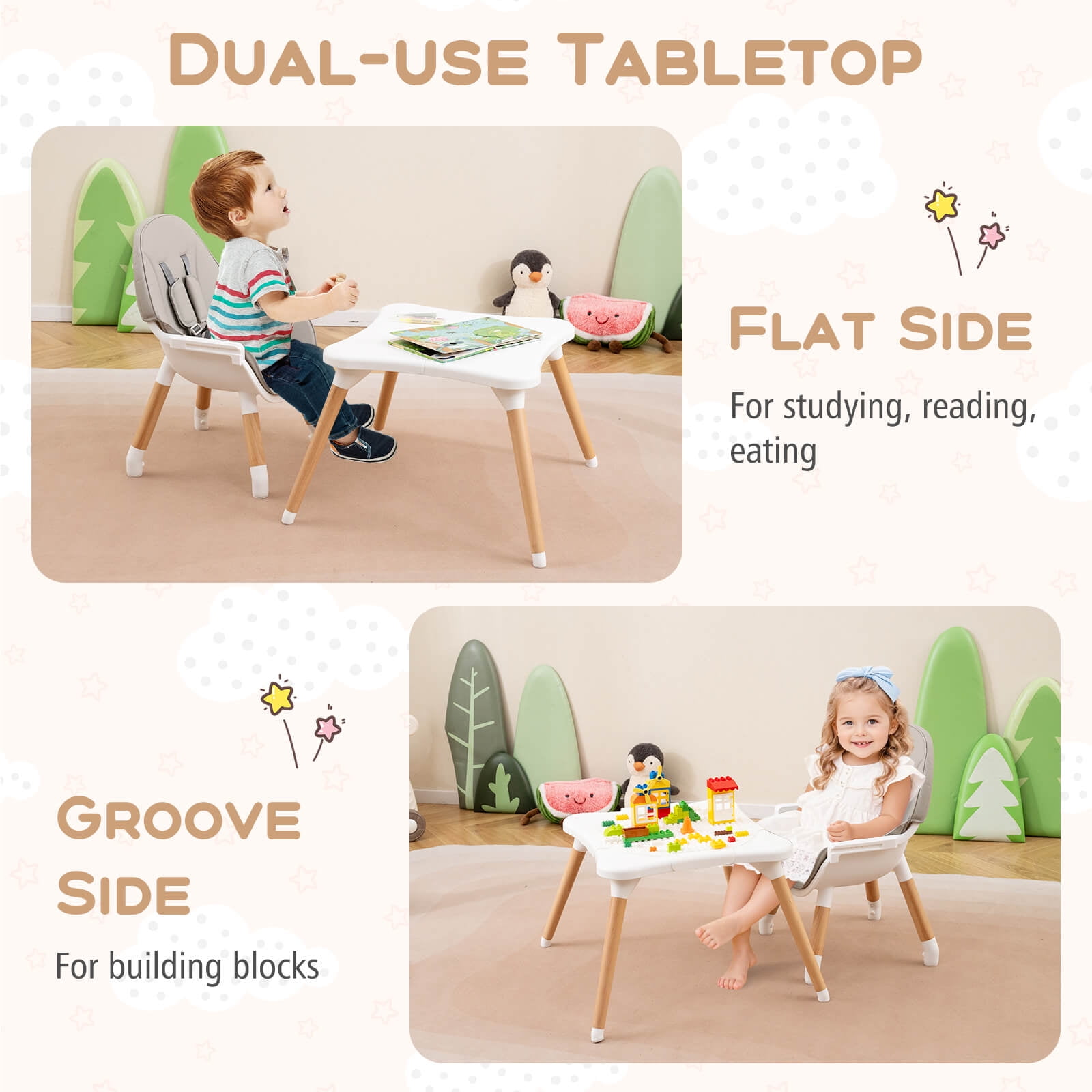 Costway 6-in-1 Baby High Chair Infant Wooden Convertible Chair with Building Block Table Gray