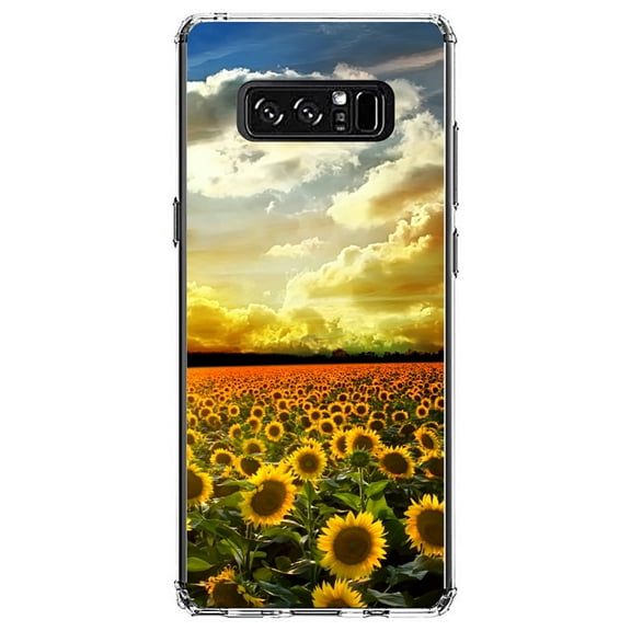 DistinctInk Clear Shockproof Hybrid Case for Samsung Galaxy Note 8 - TPU Bumper, Acrylic Back, Tempered Glass Screen Protector - Green Blue Yellow Sunflowers