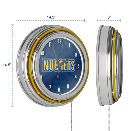 Denver Nuggets NBA Fade Chrome Double Ring Neon Clock - Dark Blue, Yellow