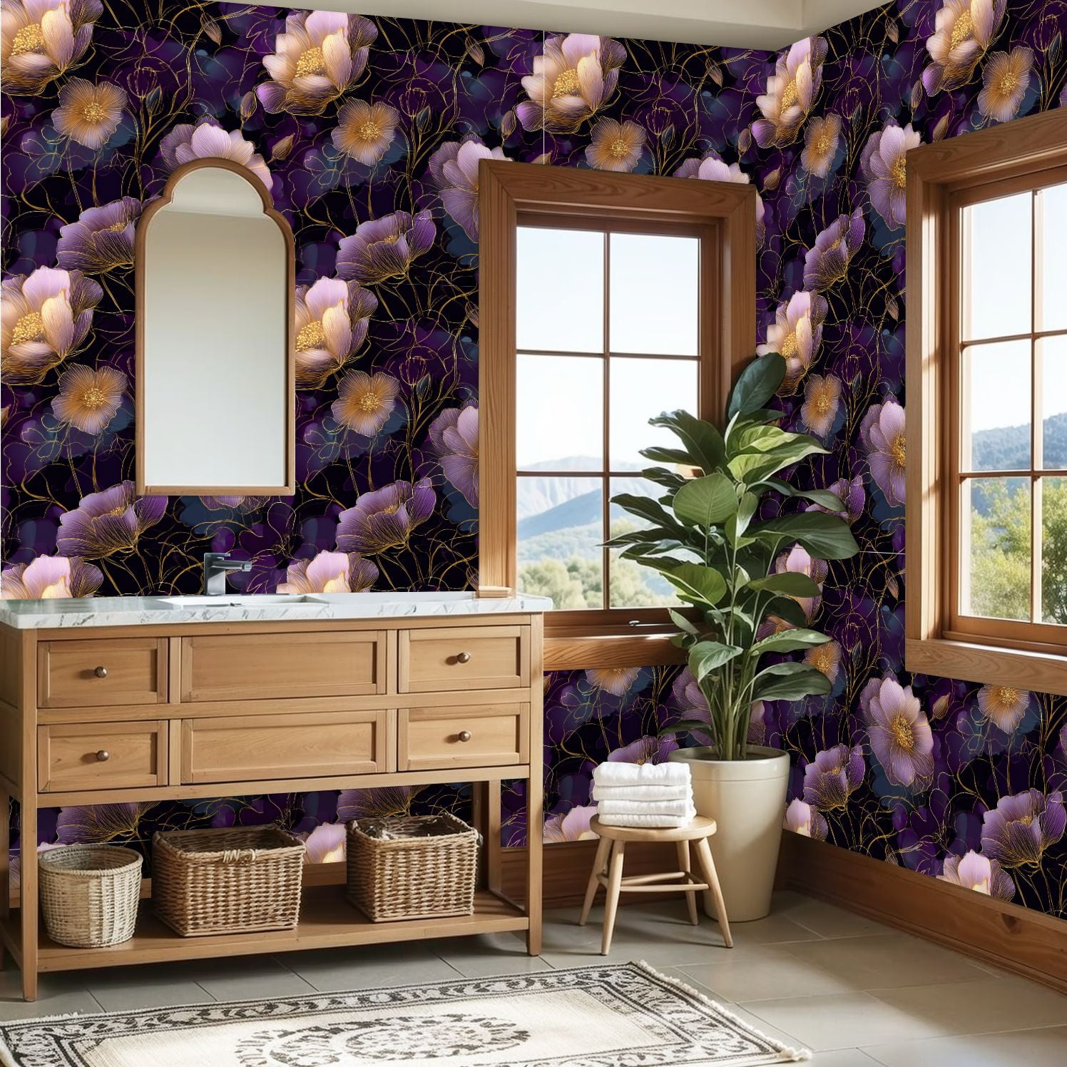 Peel and Stick Wallpaper Elegant Floral Purple Gold Flowers Dark Wall Mural 23.6in x 9.8ft Self Adhesive Removable Wall Paper Renter Friendly Wallpaper for Nursery Bedroom Cabinets