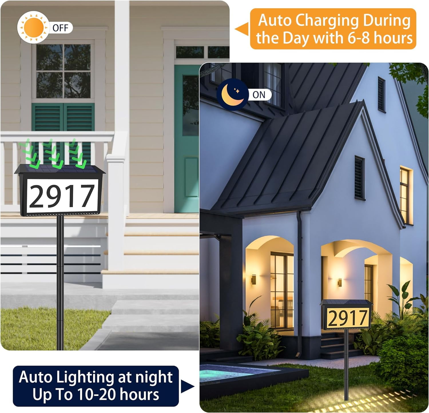 2 IN 1 Solar Address Sign for Yard Lighted House Numbers Waterproof Illuminated Address Plaque with Stakes 22 LEDs 3 Color Lighting Modes Wall Mounted/In Ground 2 Ways for Outside Street