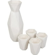 DEco 5 Piece Traditional Porcelain Japanese Sake Set, White - 1 Tokkuri Bottle (18 oz) and 4 Ochko Cups - Unique Modern Design - Great Gift Set for Weddings, Housewarmings
