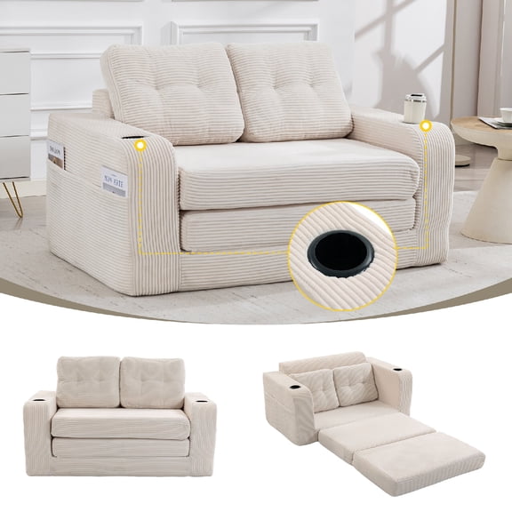 Convertible Expandable double Sofa Couch Bed with Built-in Cup Holder and Side Pockets 2 in 1 Convertible Sofa Couch Bed with Pillows for Living Room, Apartmen, No Assembly Required, Beige