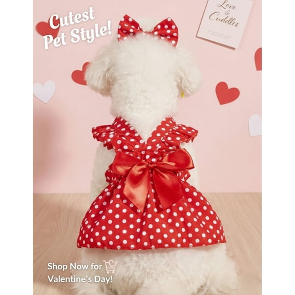 Red & White Dotted Pet Dress with Bow – Cute Valentine Day, Holiday Outfit for Cats & Dogs, Soft Comfortable Puppy Dress