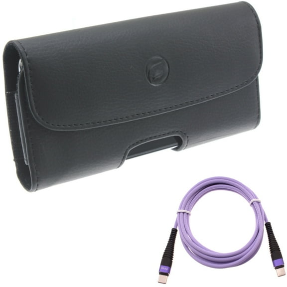 For Google Pixel 6a - Purple 6ft PD Cable w Case Belt Clip, Type-C to USB-C Long Charger Cord Power, Leather Holster Cover for Google Pixel 6a Phones