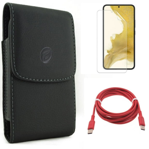 For Samsung Galaxy S21 (6.2") - Holster Leather Case Belt Clip   Anti-Glare TPU Film Matte Screen Protector   PD Fast Charger USB-C to Type-C Red 6ft Long Cable