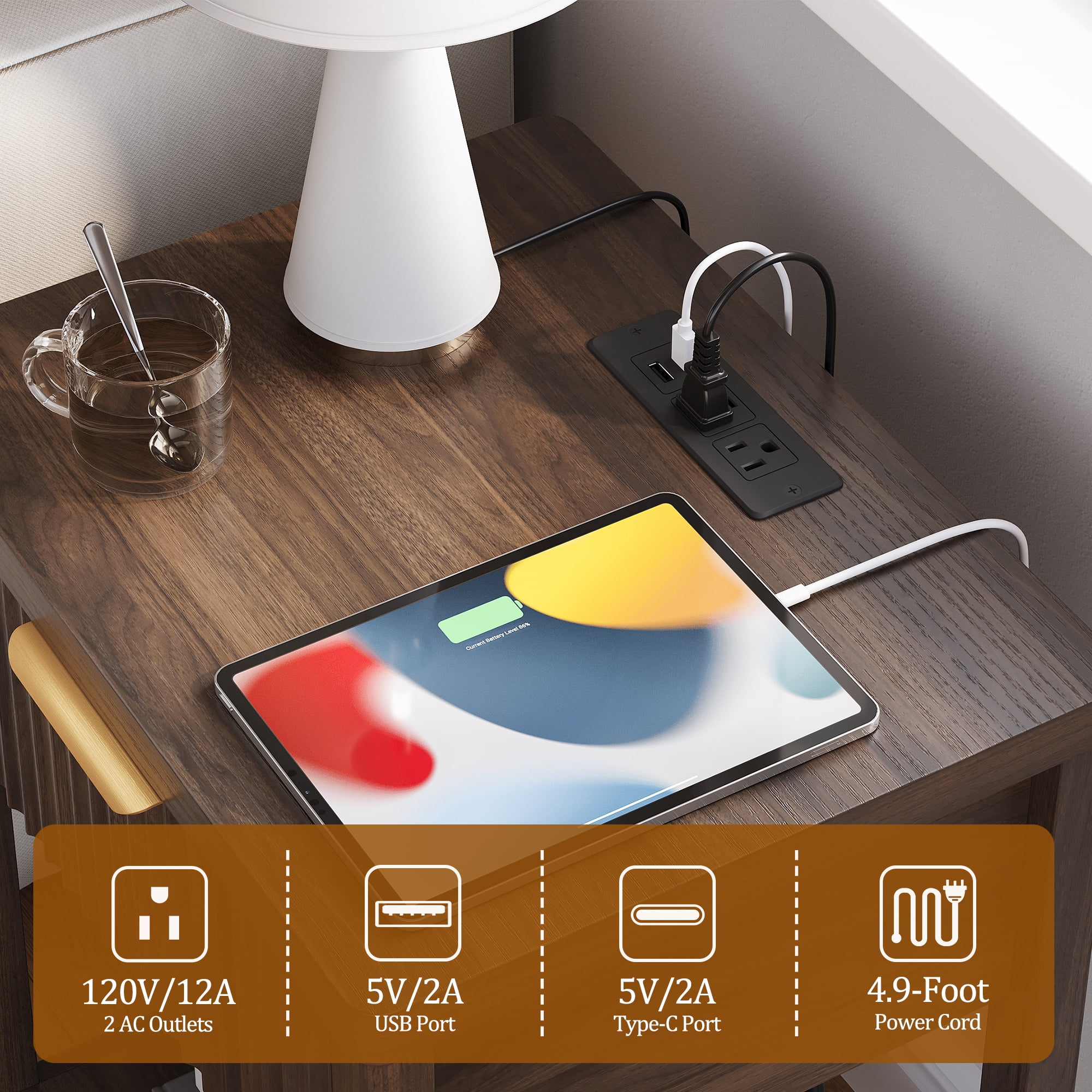 Aufeile Nightstand for Bedroom Set of 2 with Charging Station, Modern Side Table with Drawer & Open Shelf, Fluted End Table with 2 AC Outlets, USB & Type-C, Walnut