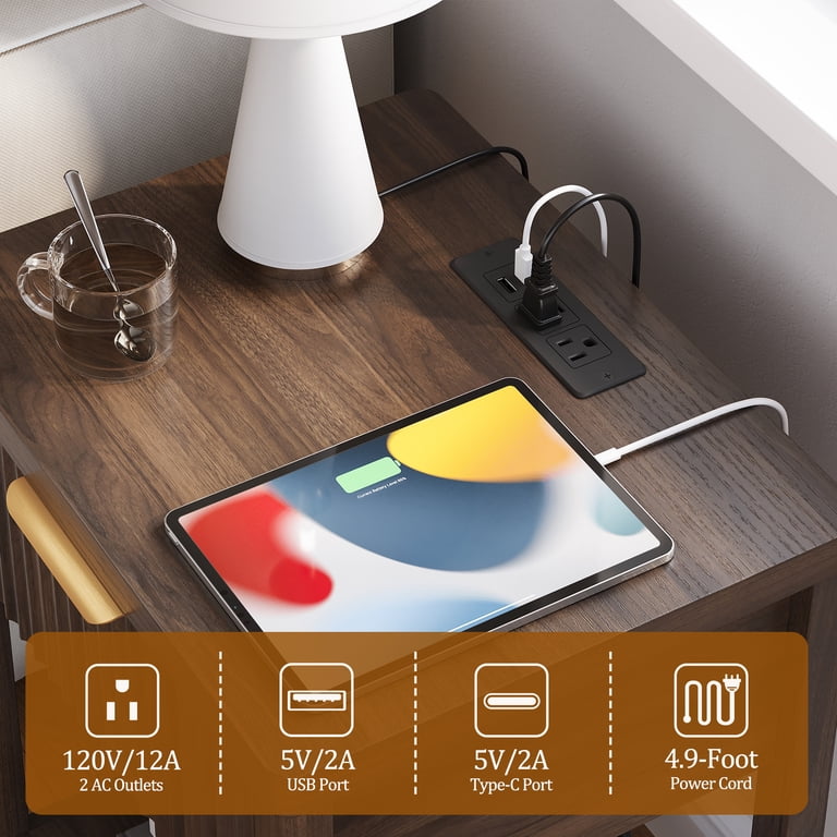 Aufeile Nightstand Set of 2 with Charging Station, Walnut photo 7