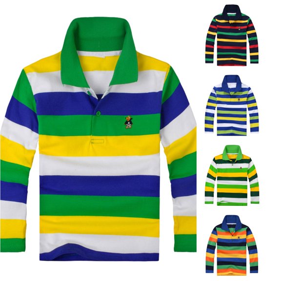 OSOLU Boys Polo Shirt Long Sleeve Lapel Collar Colorful Stripe Little cute Embroidery Button Casual Tops Green