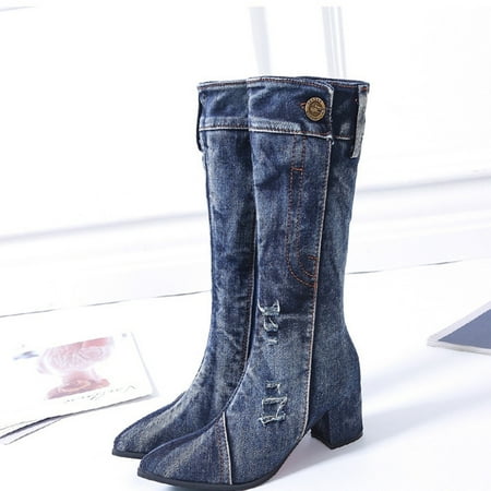 

Njoeus Boots Work Boots Women Shoes Fashion Buttons Denim Pointed Tip Mid-Heeled Thick Heel High Boots Womens Boots Clearance Sale