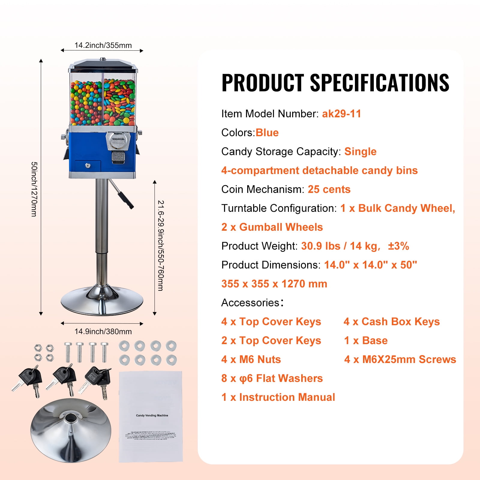 KFFKFF Industrial Candy Machine, Quad Section Swivel Sweet and Gumball Vendor, Modifiable Elevation Coin-Driven Candy Repository with Metal Base