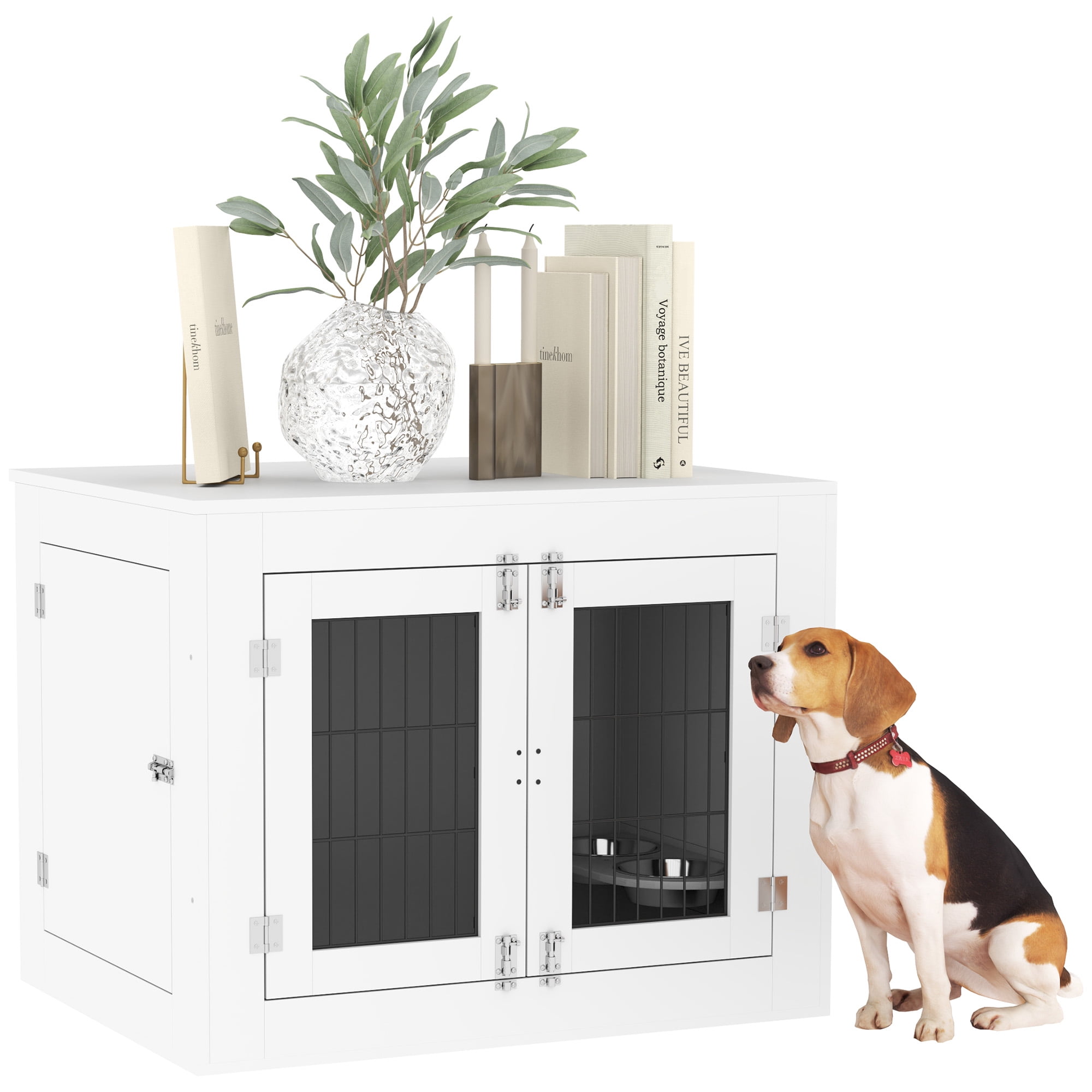 PawHut Dog Crate Furniture with 360Â° Rotatable Removable Dog Bowls, Two Doors, Non-slip Foot Pads, Dog Kennel Furniture for Medium Dogs, White