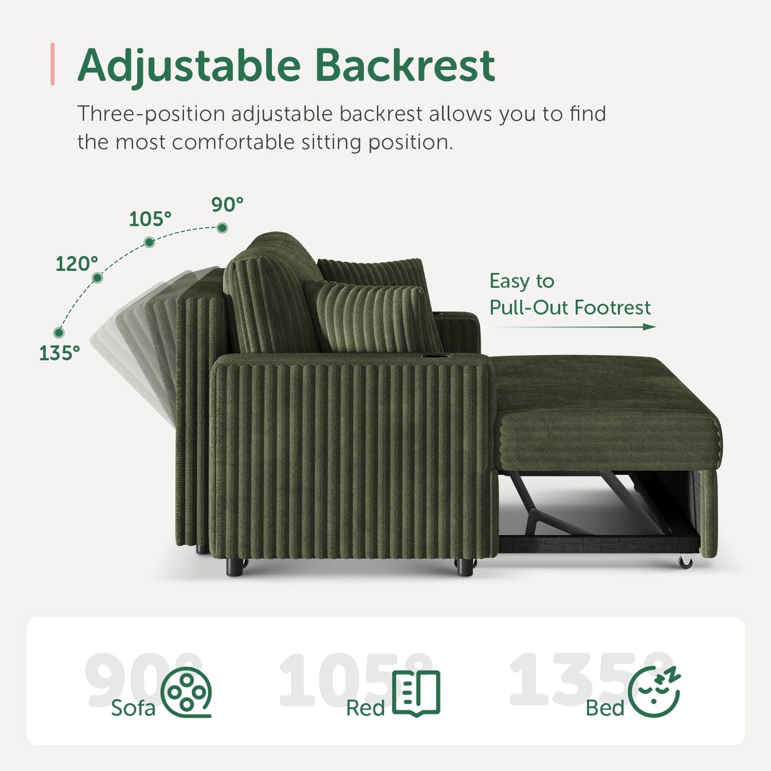 Marrber Green 52” 3-in-1 Convertible Pull-Out Sofa Bed Sleeper Loveseat with Reclining Backrest, Built-in Cup Holders, Pet-Friendly Corduroy Sofa for Small Space