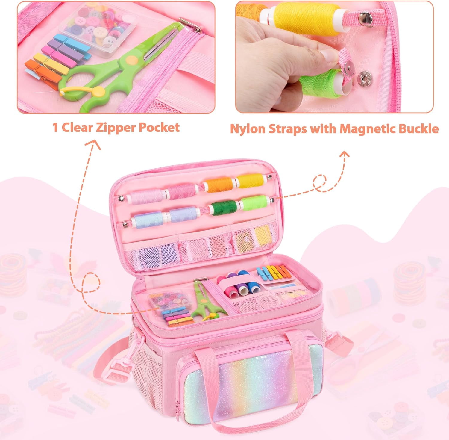 Double Layer Sewing Organizer for Crafts Sewing Supplies, Crafts Accessories Bag, Portable Sewing Box with Handle and Detachable Shoulder Strap, Rainbow Sequins Design, Pink (Case Only)