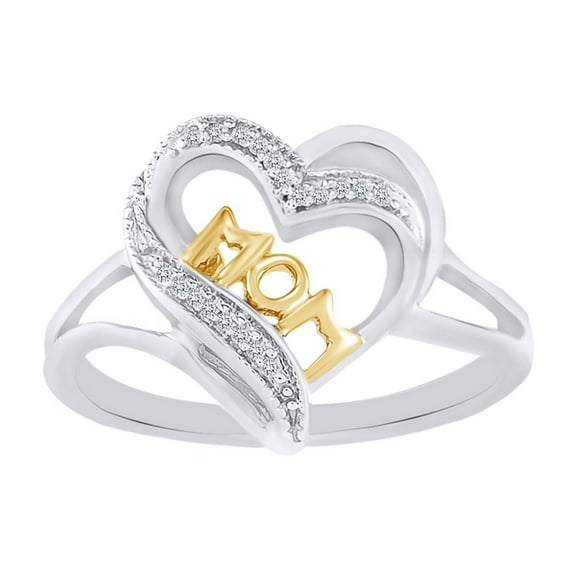 AFFY Round Natural Diamond Accent Two Tone Mom Heart Ring In 10K Solid White Gold-5
