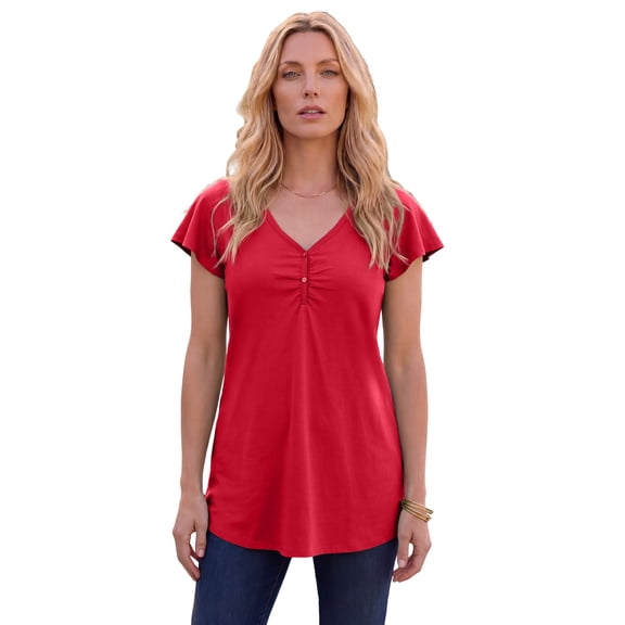 Roaman's Women's Plus Size Cotton Ultimate Flutter Sleeve Sweetheart Tee