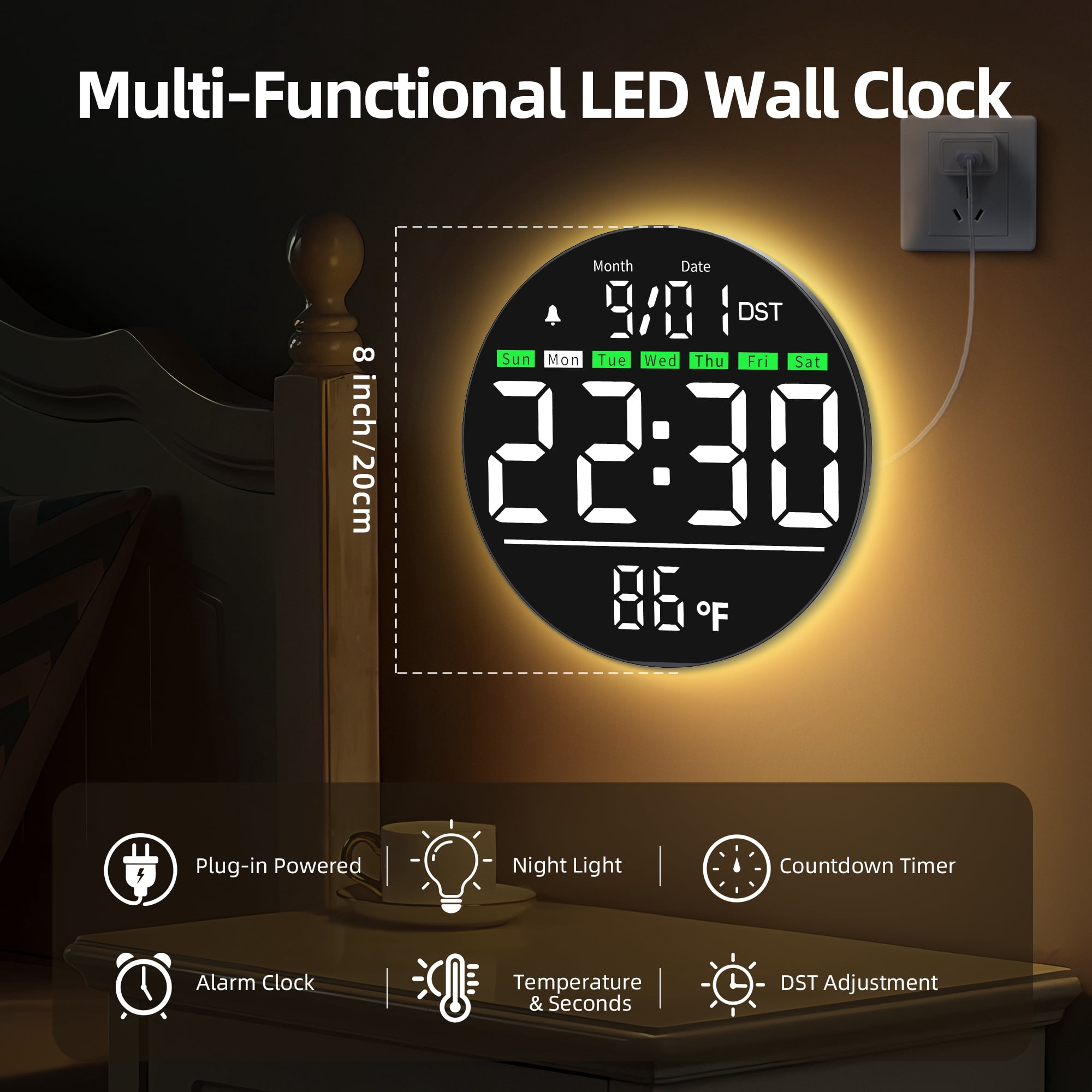 LEIKE 8" LED Large Digital Wall Clock Large Numbers, Plug-in Digital Alarm Clock with Remote for Bedroom, Auto DST, Temperature & Humidity