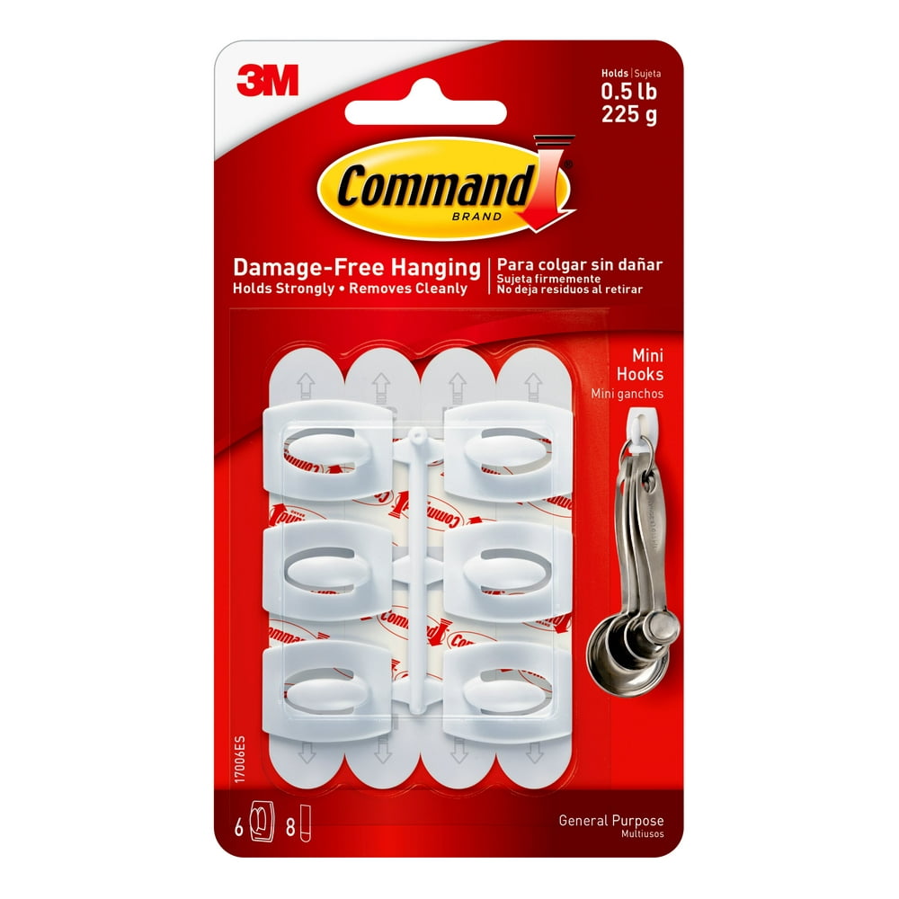 Command Mini Hooks, White, 6 Hooks, 8 Strips/Pack