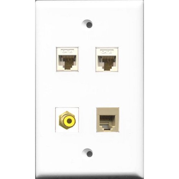 RiteAV 1 Port RCA Yellow and 1 Port Phone RJ11 RJ12 Beige 2 Port Cat6 Ethernet White Wall Plate