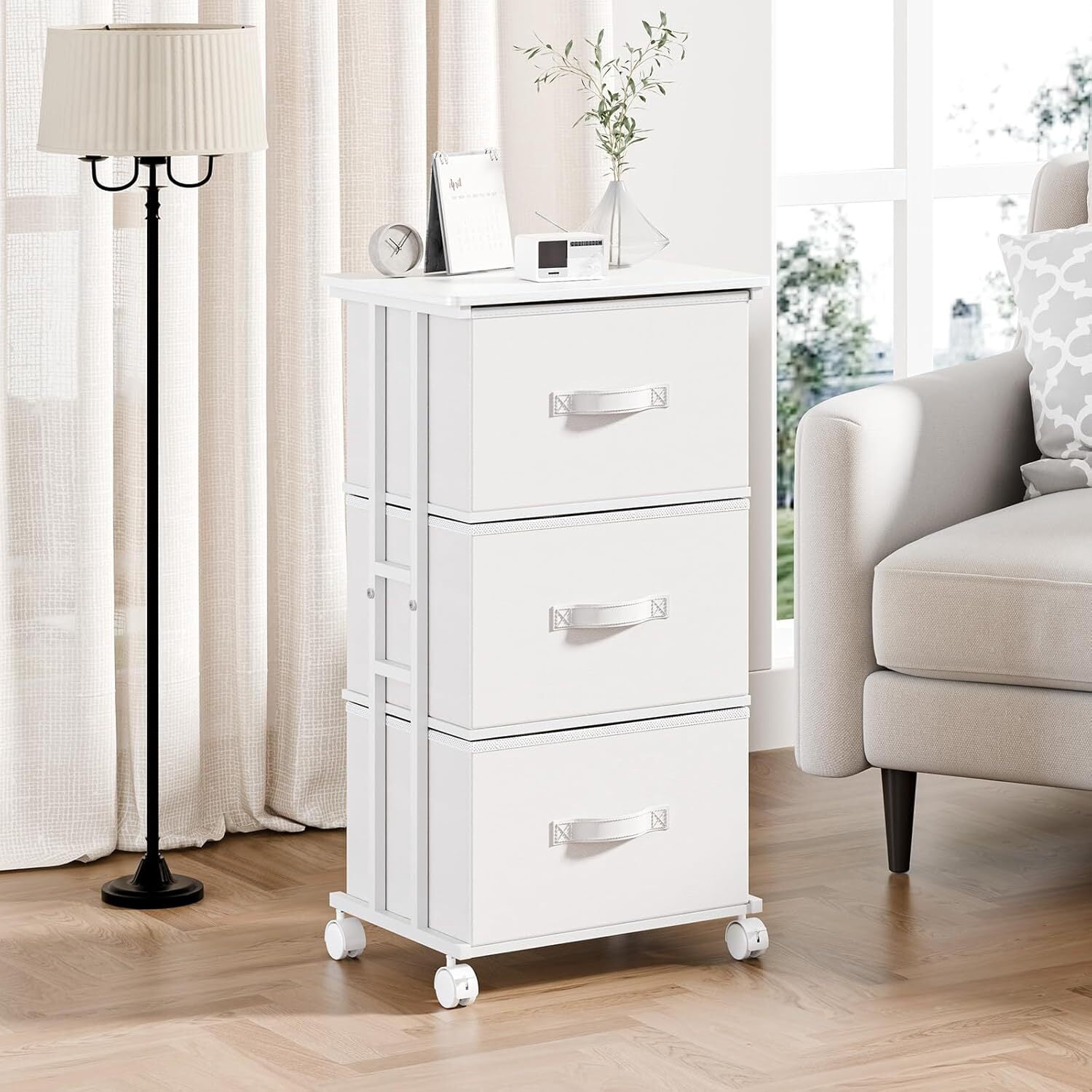 Bigleap 3-Drawer Rolling Fabric Dresser, Small Space Storage Cabinet with Wheels, Mobile Nightstand for Bedroom, Closet, Entryway, White
