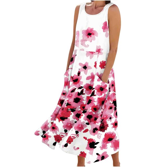 Birdeem Robes pour Femmes Robe Longue Sans Manches en Coton et Lin à Col Rond Imprimé