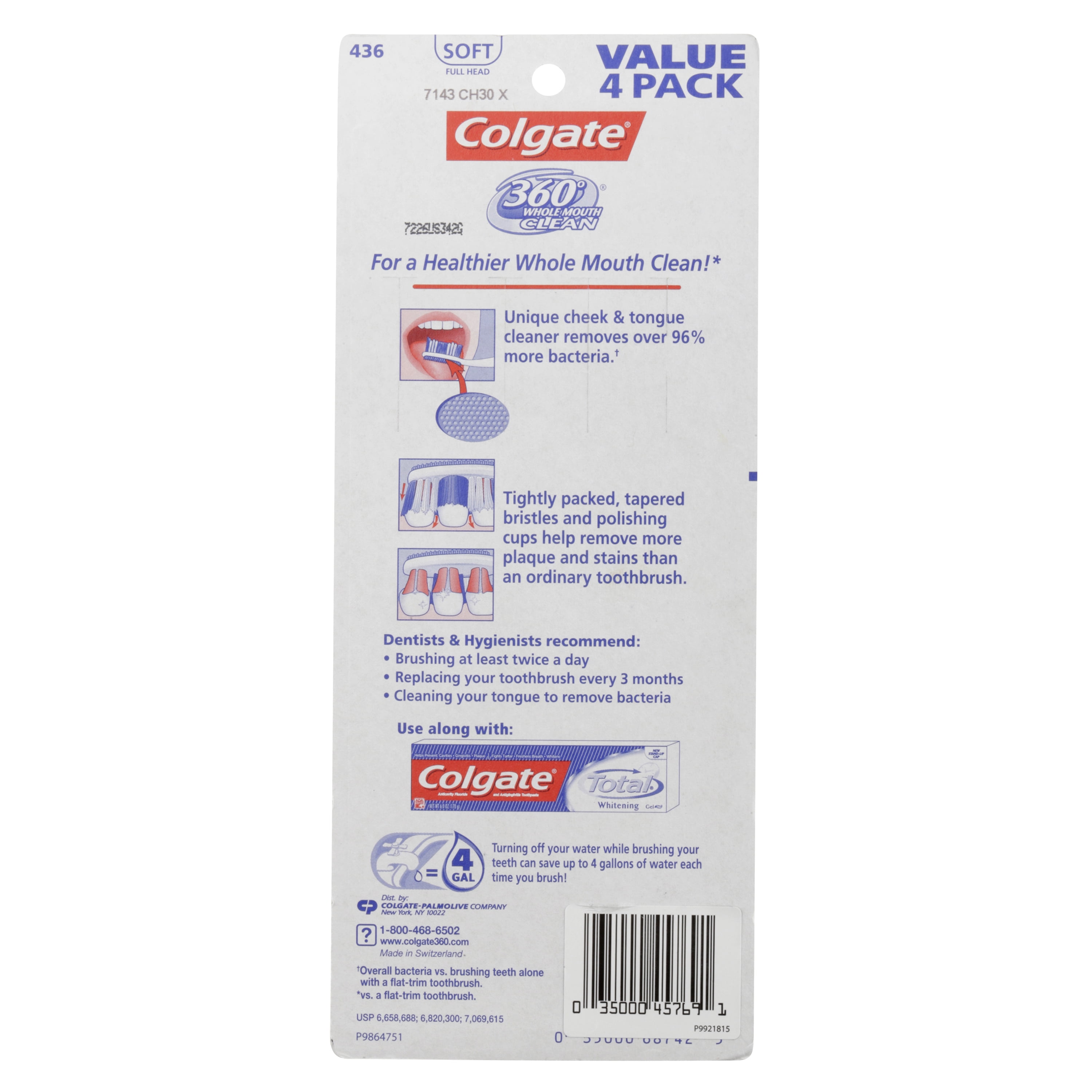 Colgate 360 Degree Whole Mouth Clean Soft Bristle Toothbrush, 4 Pack
