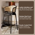 thumbnail image 4 of LeisureMod Bar Stool Upholstered in Leather with Powder-Coated Stainless Steel Black Base and Curved Wicker Back Design for Modern Home, Dining Room, Kitchen Ervilla Collection in Black, 4 of 12