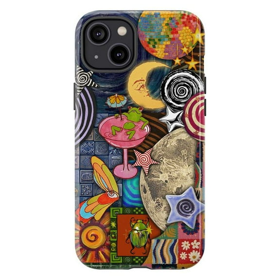 Psychedelic Cosmic Collage Phone Case, Trippy Frog Disco Moon Star Aesthetic Protective Cover for iPhone 16 15 14 13 12 11 Pro Max Plus Mini