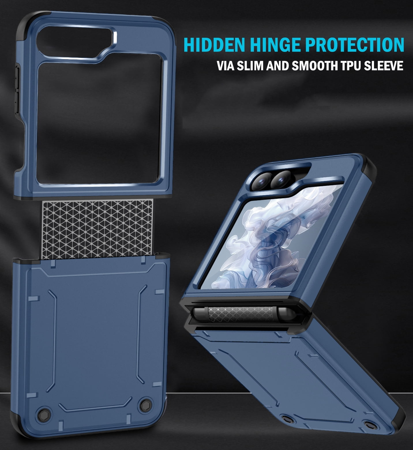Rizz Case and Belt Clip Combo for Samsung Galaxy Z Flip 6 Phone, Nakedcellphone Rugged Hybrid Cover [with Hidden Hinge Panel Protection] and Rotating Holster Holder for Z Flip6  - Navy Blue