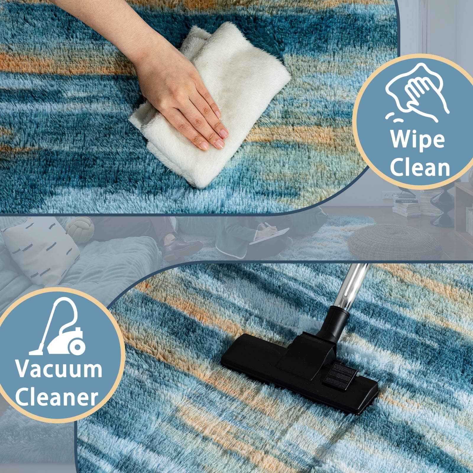 ZENELESS Fluffy Shag Rug,4x6ft Blue and Yellow Super Soft Indoor Modern Area Rugs Perfect for Kid's Room, Cloakroom