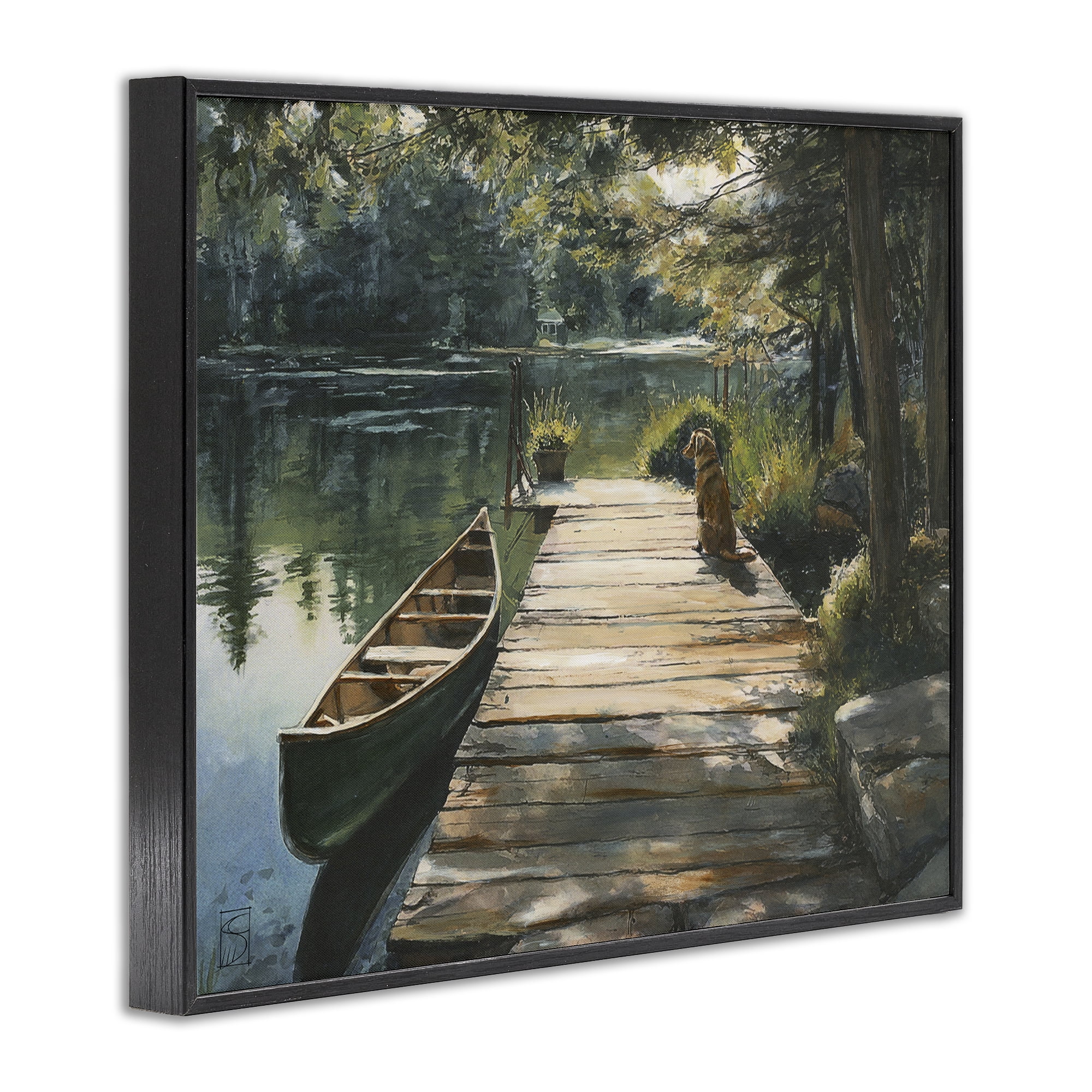 Lake Life Dog on Dock Black Framed Giclee Art, design by Sara Culpepper