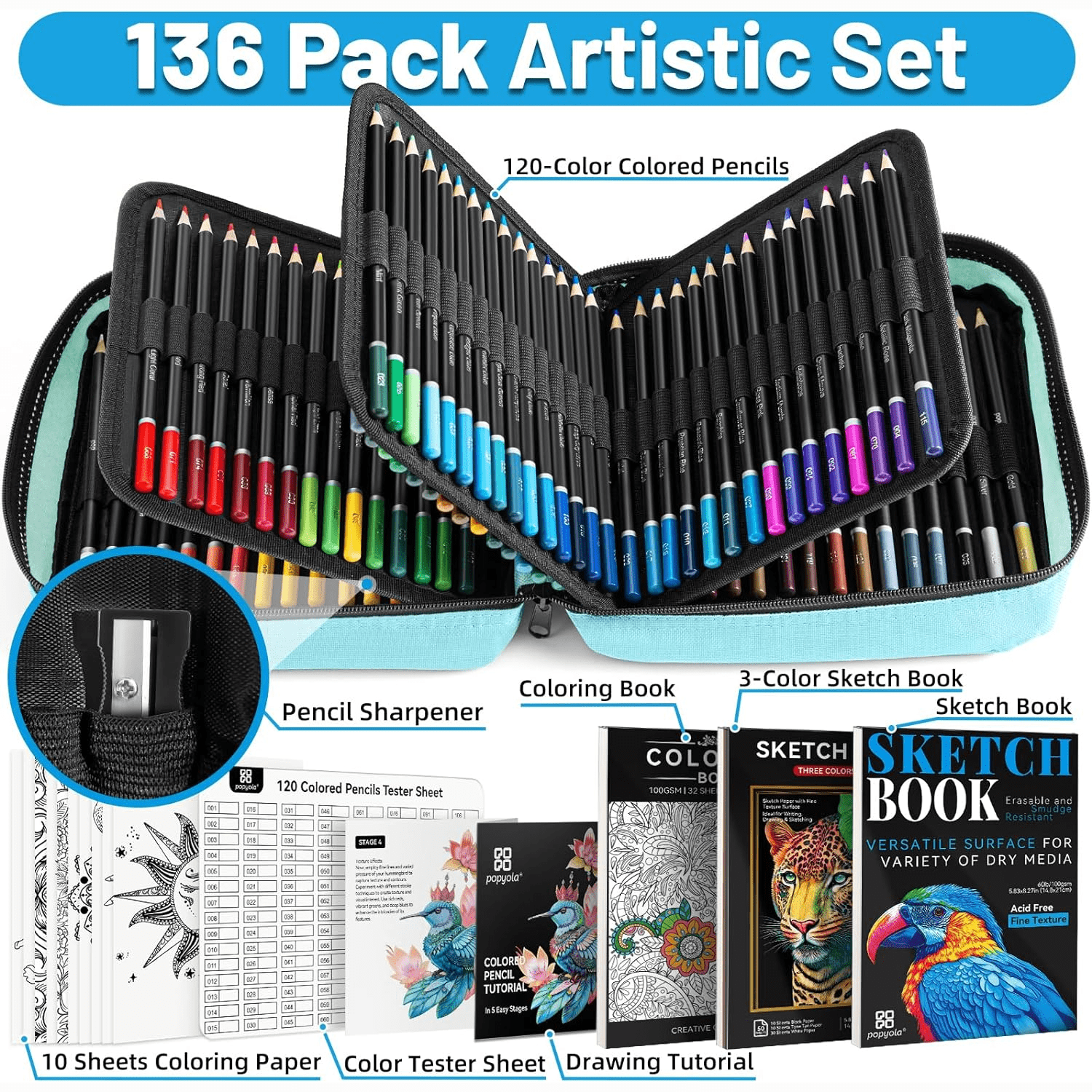 136 Pack Colored Pencils Set with Portable Gift Case, Art Supplies 120 Colored Pencils, 3-Color Sketch Book, Coloring Book, Sketchbook, Sharpener, Professional Drawing Pencils for Adults Kids(Green)