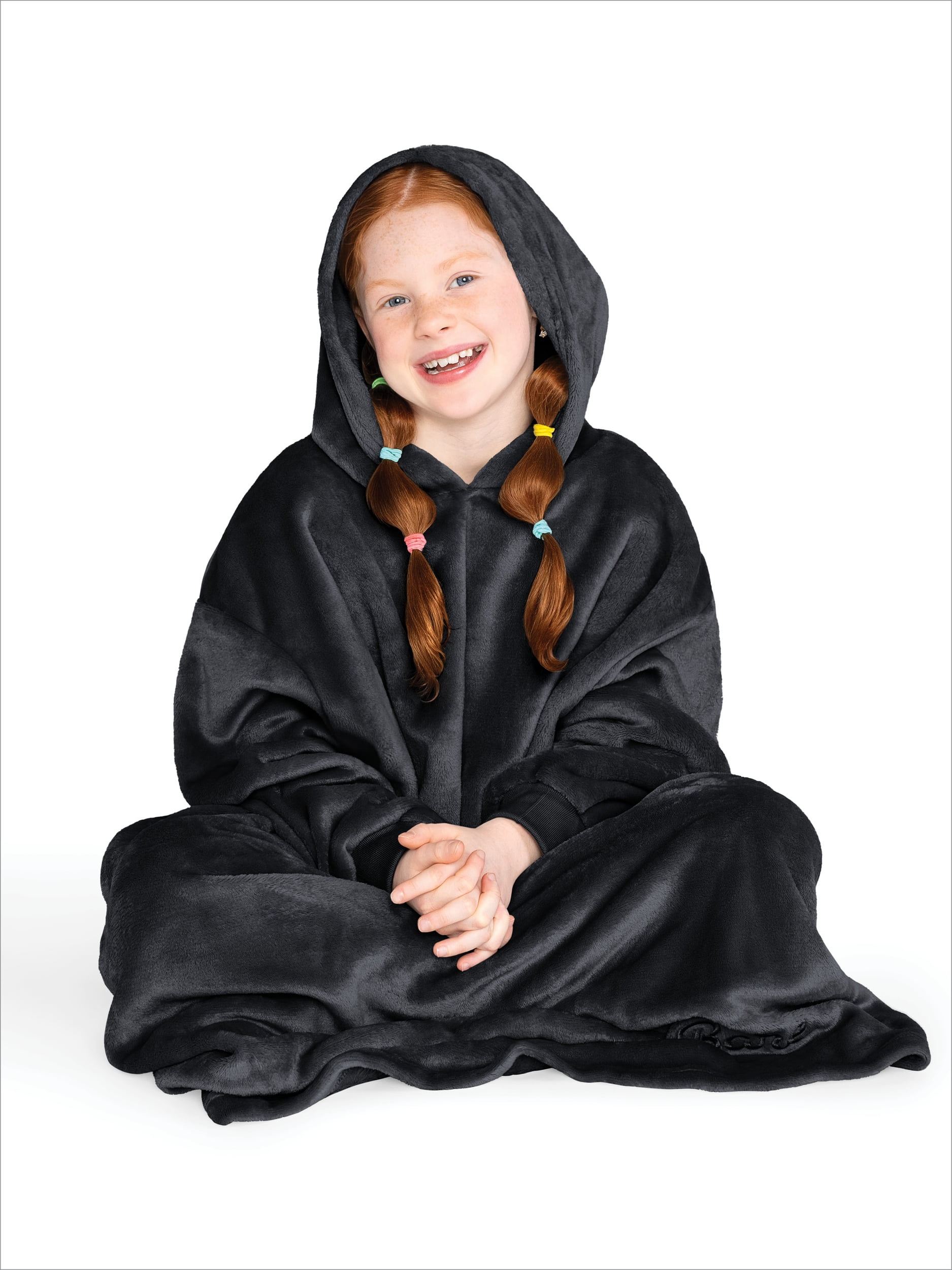 Bare Homey Kids Size Microplush Wearable Blanket - Long Length - Side Pockets - Velvety Soft, Black