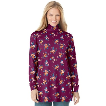 Woman Within Plus Size Perfect Printed Long-Sleeve Turtleneck Tee