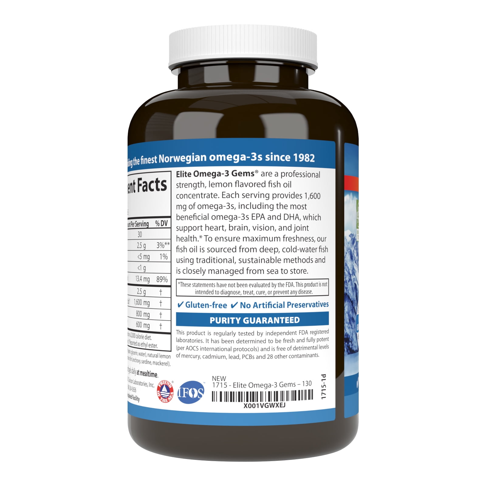 Carlson - Elite Omega-3 Gems, 1600 mg Omega-3s, Norwegian, Wild Caught, Sustainably Sourced, Lemon, 130 Softgels