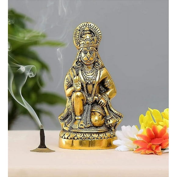 Hanuman ji Statue Sitting in Metal Hanuman ji Idol Bajrangbali Murti Sitting Pawan Putra Gift Article Decorative Showpiece for Pooja, Temple, Mandir, Home, Gifting- 1Pc
