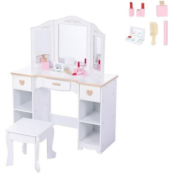 Kids Vanity Table and Stool Set,Girls Vanity Set with Mirror,Makeup Dressing Princess Table with Drawer for Little Girls