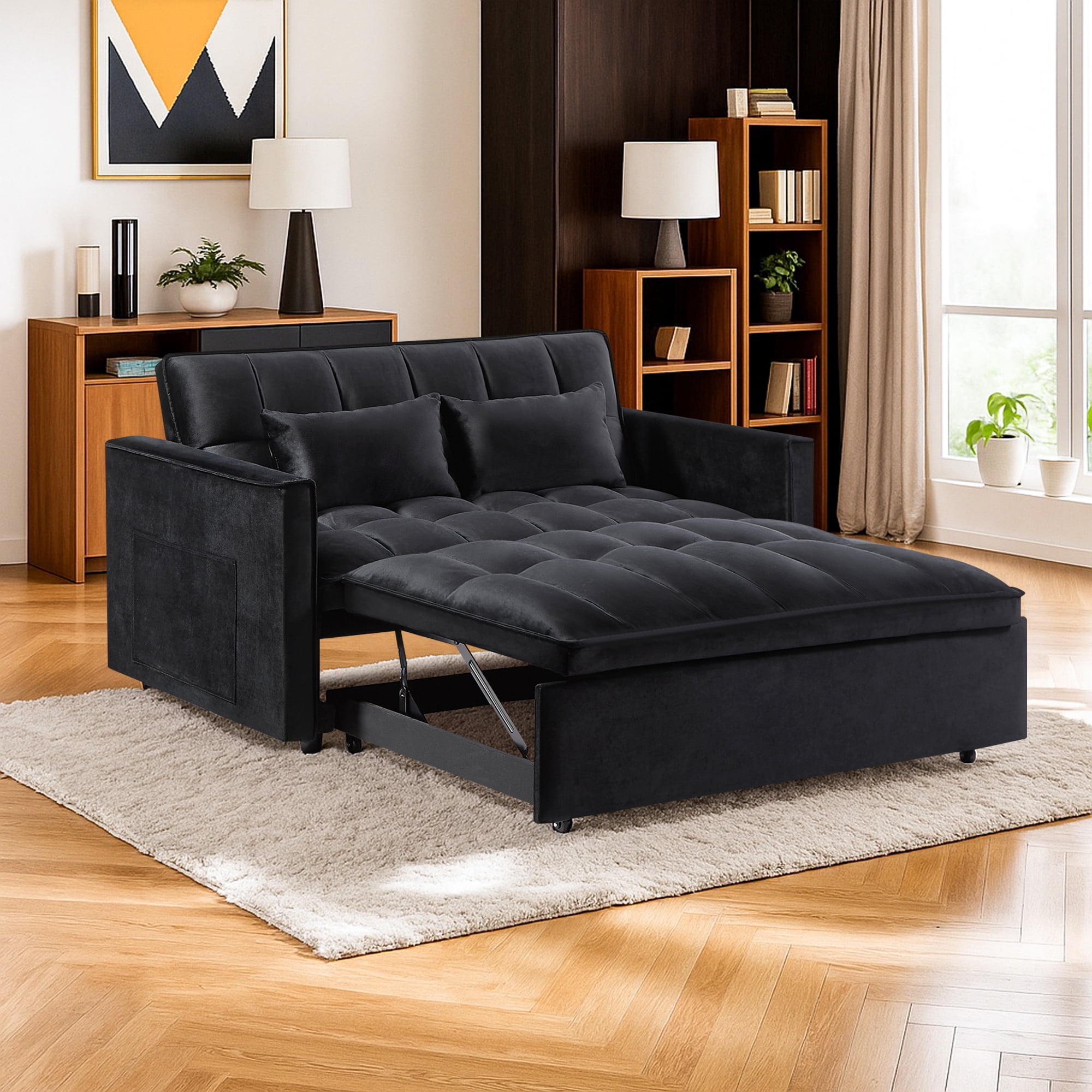 Demi Bonn 3 in 1 Convertible Sleeper Sofa Bed with Side Pocket, Adjustable Backrest Velvet Futon Couches for Living Room, Pull Out Couch, Loveseat, Black