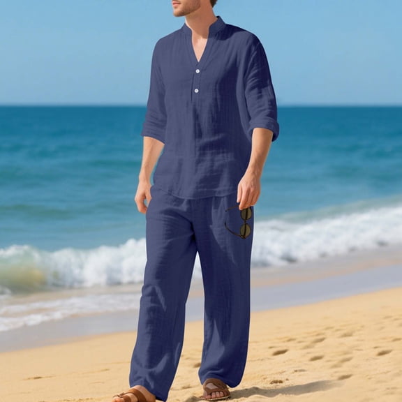 RKSTN Men Sets 2 Piece Outfits Flax Solid Color Button Down Long Sleeve Collared Shirt Loose Simple Set Elastic Drawstring Waist Beach Vacation Pants with Pockets Summer Matching Sets