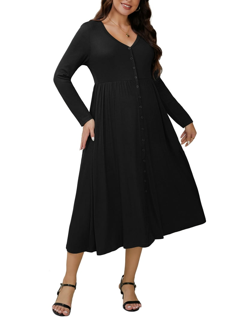 Inspire Chic Women's Maternity Dresses Button Pleated Knit Long Sleeve Photoshoot Pregnancy Maxi Dress M Black Inspire Chic Women's Maternity Dresses Button Pleated Knit Long Sleeve Photoshoot Pregnancy Maxi Dress M Black