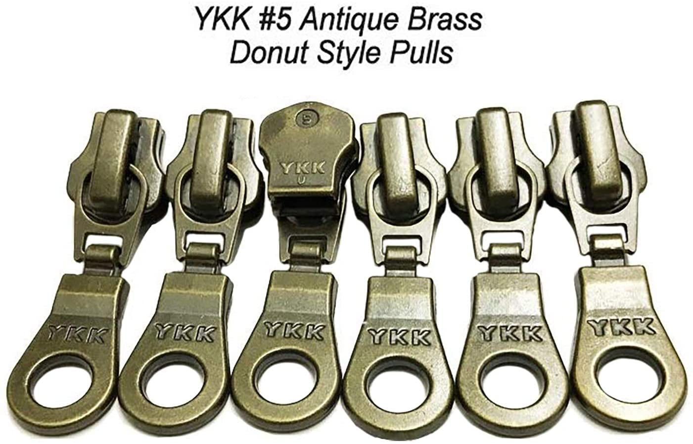 YKK Zipper Repair Kit Solution 5 Zipper Heads - Sliders with Pulls #5 Brand Donut Style Pulls - 5pcs with Top and Bottom Stoppers (Antique Brass)