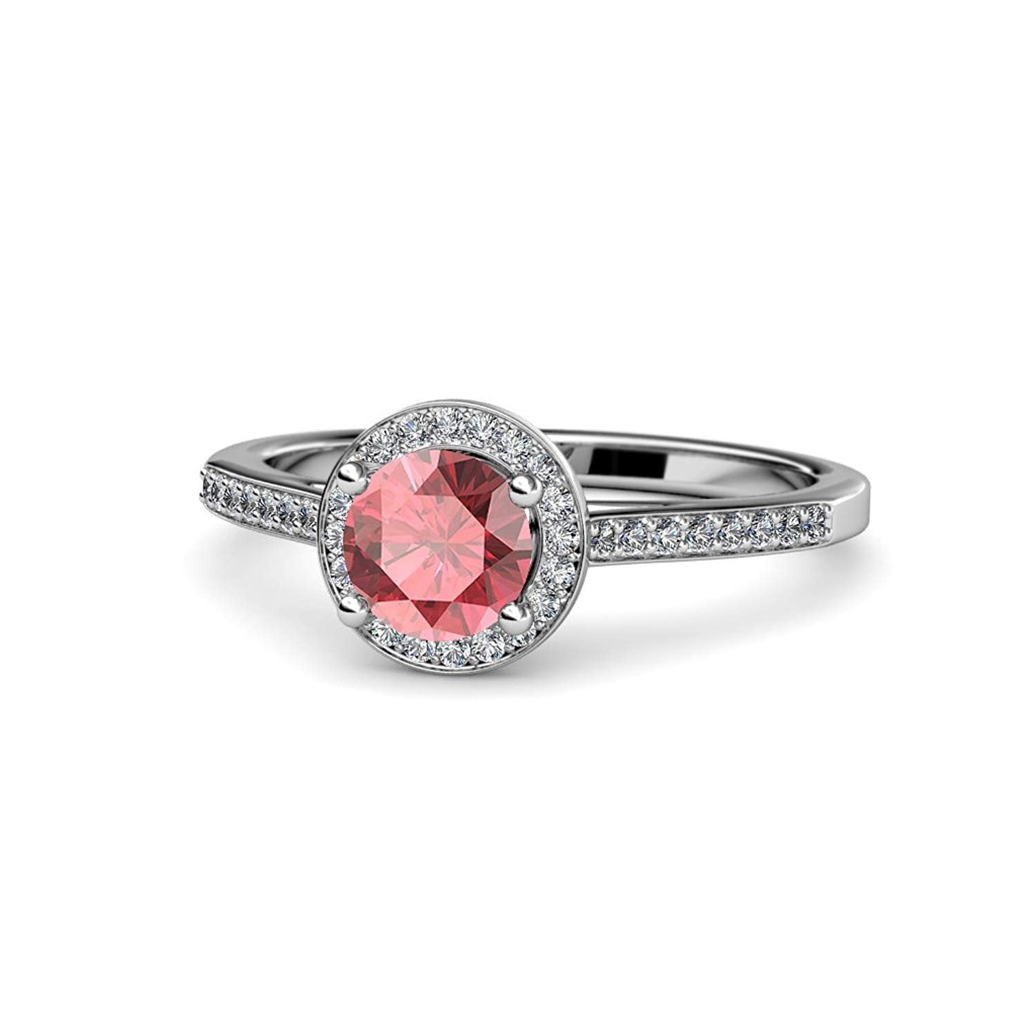 Pink Tourmaline and Diamond (SI2-I1, G-H) Halo Engagement Ring 1.26 ct tw in 14K White Gold.size 5.5 by TriJewels