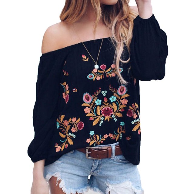 Camisa floral de manga larga con hombros descubiertos para mujer Xemadio CJWUS-4626