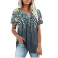 thumbnail image 2 of Womens Tops Short Sleeve Floral Print Pleated Round-Neck Casual Blouses Shirts Gray,Blouse for Women, 2 of 6