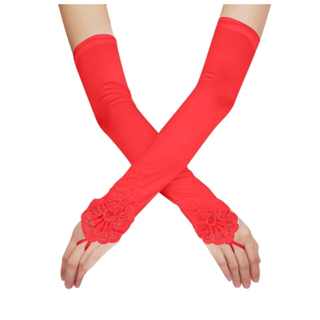WEAIXIMIUNG Gants de Travail Sans Doigts Longs Gants Rouges Percés Longueur Coude Gants en Satin Extensibles Opéra Soirée Fête Gants des Années 1920 pour Femmes