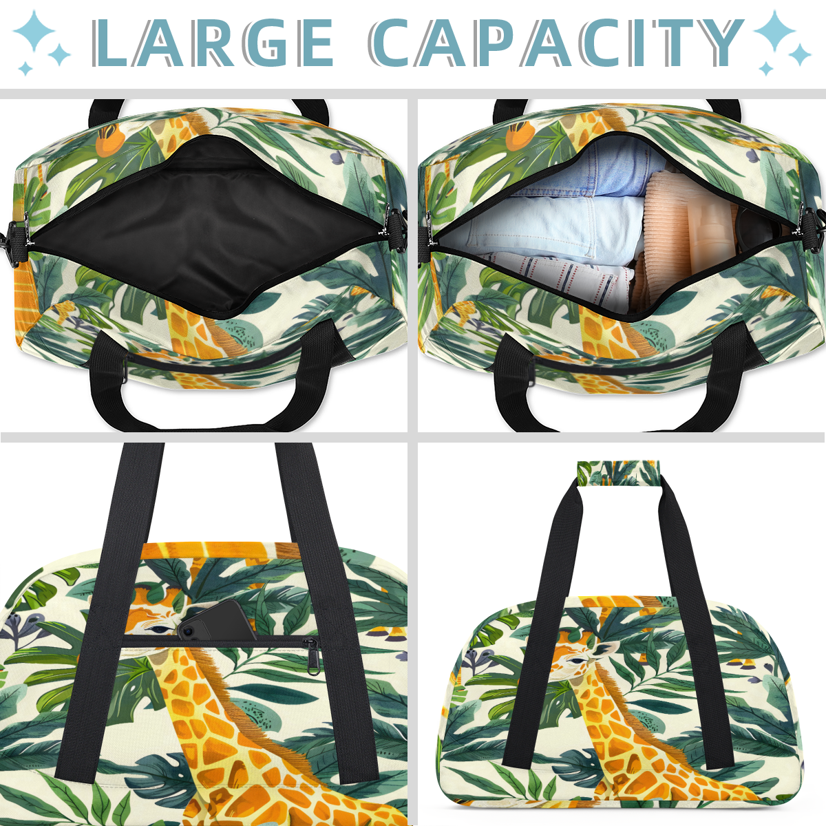 Herdesigns Sports Duffle Bags Travel Duffle Bag Gym Bag Jungle Giraffe Weekender Travel Bag Waterproof Overnight Bag Carry On Travel Tote Bag Dance Bags