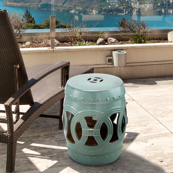 Outsunny 14" x 17" Ceramic Garden Stool with Double-Coin Knotted Ring Design & Strong Glazed Material, Antique Blue